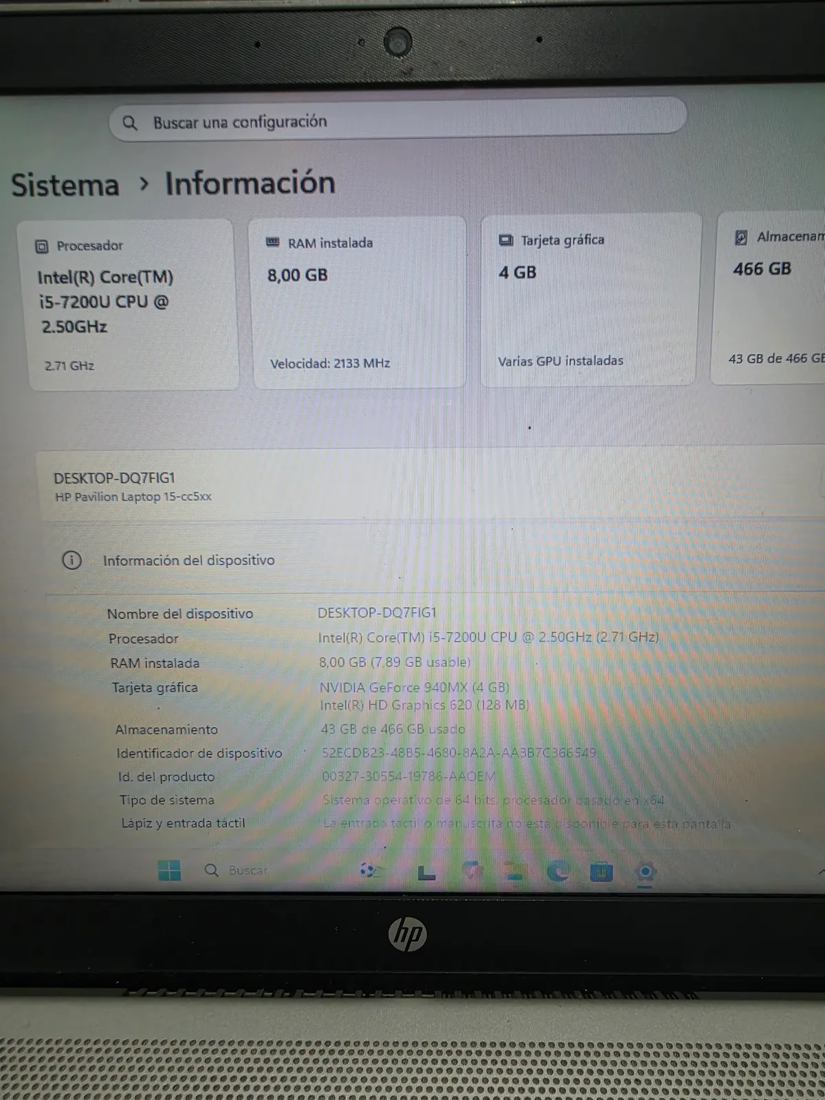 Miniatura Hp, i5 7th, 8gb Ram, GPU Mx940 4gb, 256gb SSD, 15.6"
